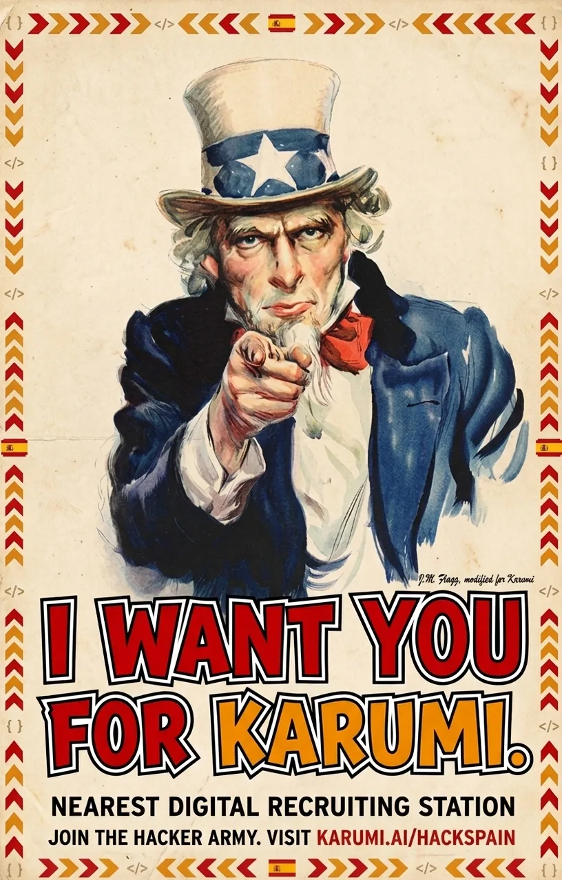 Recruiting poster in the style of Uncle Sam's “I want you”: a pointing figure over the words “I want you for Karumi. Nearest digital recruiting station. Join the hacker army. Visit karumi.ai/hackspain”.